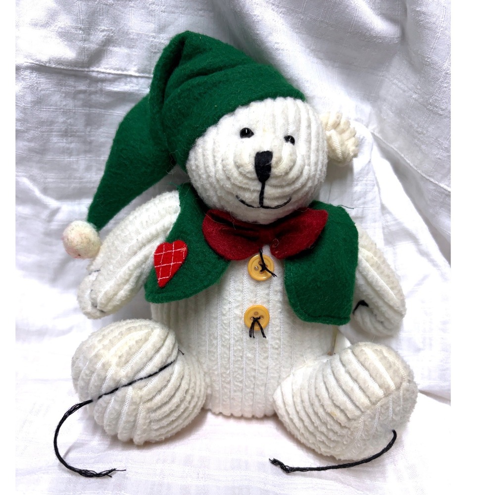Vintage White Corduroy Teddy Bear Christmas Plush Green Vest Heart Red Bow Tie
